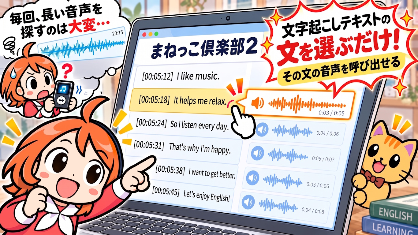 文字起こしの文を選択して再生
