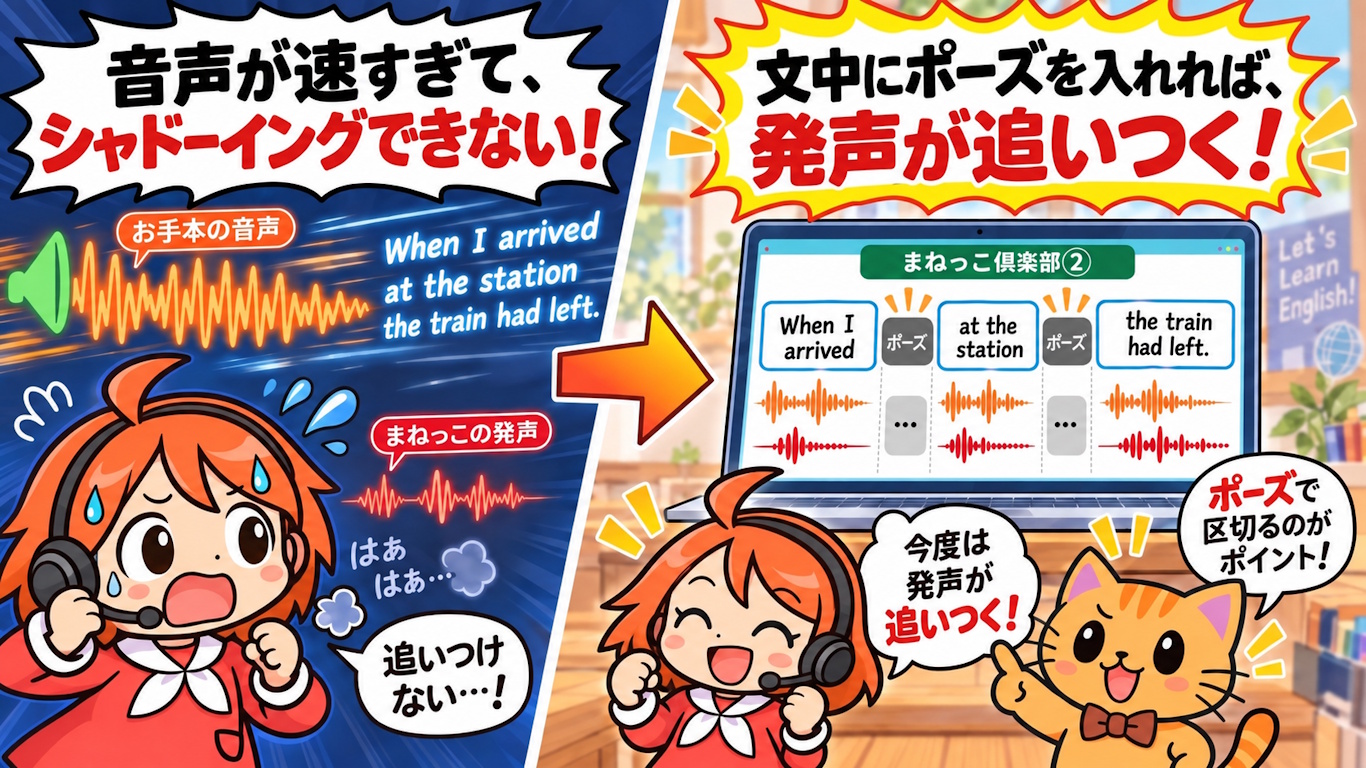 短いポーズを挿入し自動再開するシャドーイング練習